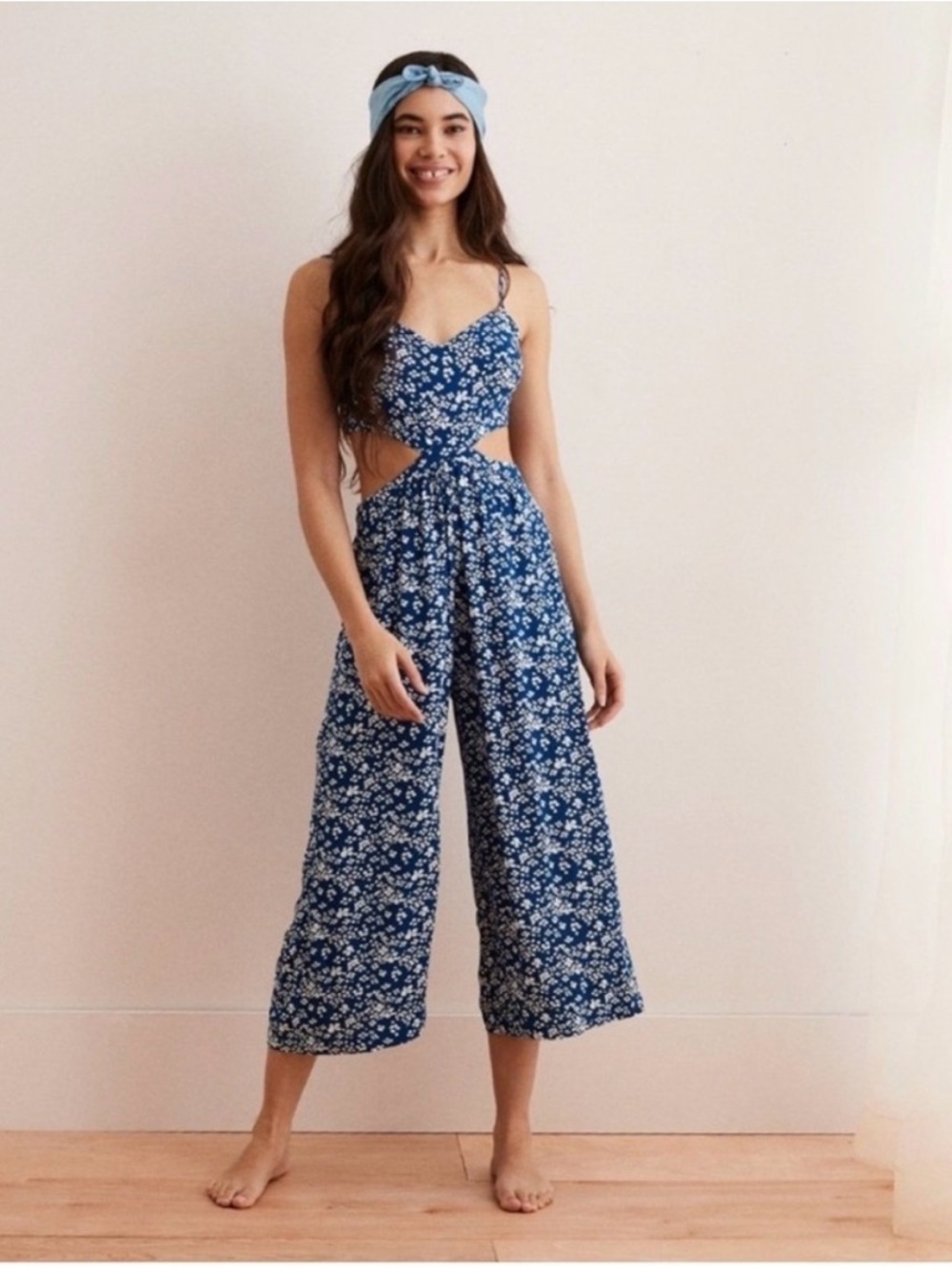 Aerie Blue Floral Cutout Wide-Leg Jumpsuit with Spaghetti Straps